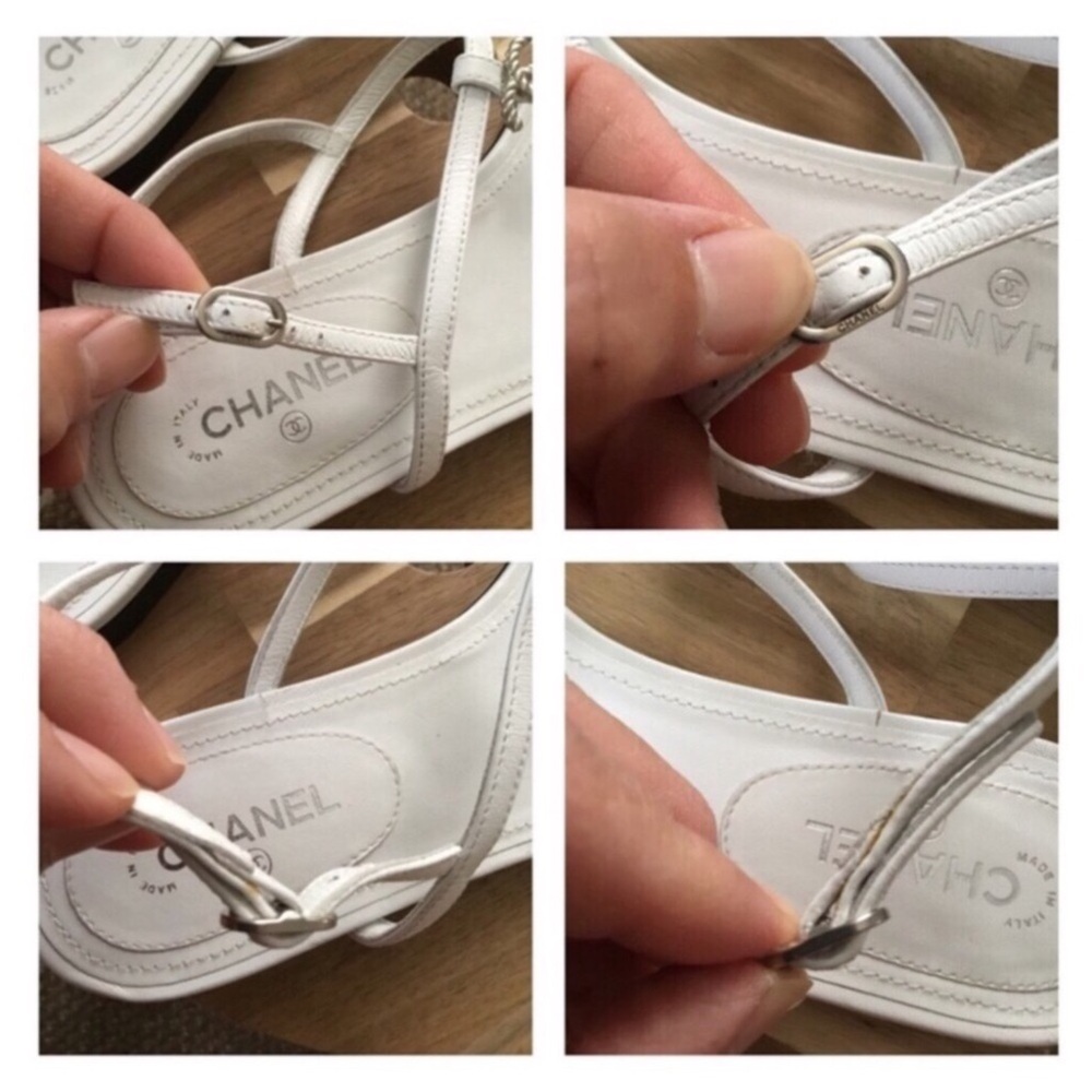 CHANEL AUTHENTIC THONG LAMSKIN WHITE SANDALS SILVER METAL SIZE 38.5-8.5C W/BOX - Picture 7 of 15